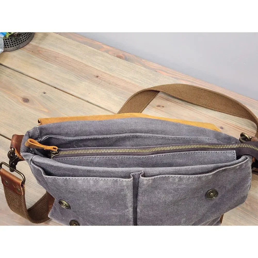 Wowbox Brown Gray Leather Detachable Strap Buckle Messenger Bag